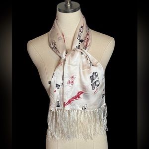 Silk Asian Motif Scarf Fringed White Black Red Chinese